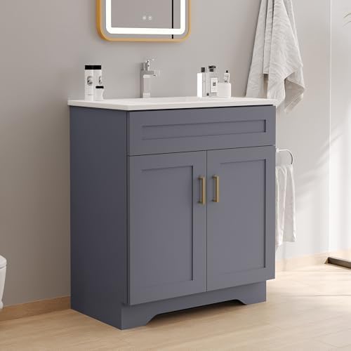 Bathroom 30" Vanity with Ceramic Sink, Wooden Double Door Bathroom Storage Cabinet, Freestanding Cabinet Vanity with Sink (Paint, Grey,30")