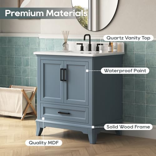 30 Inch Bathroom Vanity with Sink, Solid Wood, Steel Blue | Freestanding Single Sink Bathroom Vanity, Fully Assembled Bathroom Storage Cabinet with Soft Close Doors & Dovetail Drawers