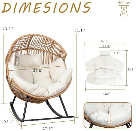 Shintenchi Wicker Egg Chair,Oversized Outdoor Indoor Rocking Chair,Large PE Rattan Rocking Chair with Cushion for Patio, Balcony, Backyard, Garden, Beige