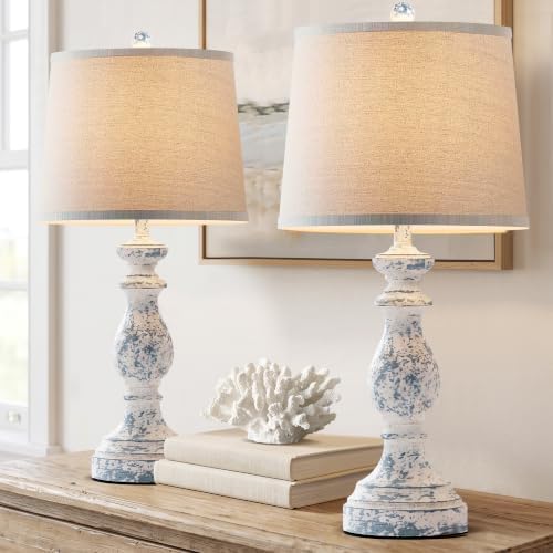 PARTPHONER Traditional Table Lamp Set of 2, Rustic Farmhouse Table Lamps for Living Room Bedroom, 27" Bedside Desk Lamps Vintage Nightstand Lamps with Linen Shades, Washed Blue
