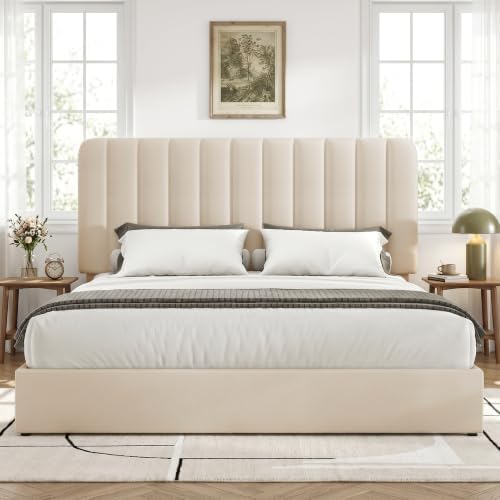 VECELO Full Size Upholstered Bed Frame with 4 Drawers and Headboard, Velvet Platform Storage Bedframe, Wooden Slats Support, No Box Spring Needed,Beige