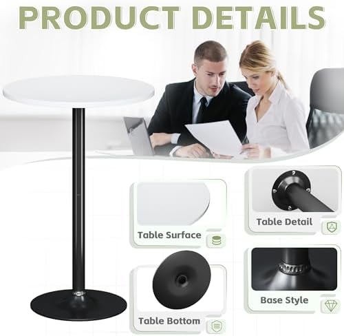 Flamaker Round Bistro Pub Table Modern Style Metal Base MDF Top Cocktail Bar Table Counter Bar Height for Pub, Dining Room, Party (1, White-Black)
