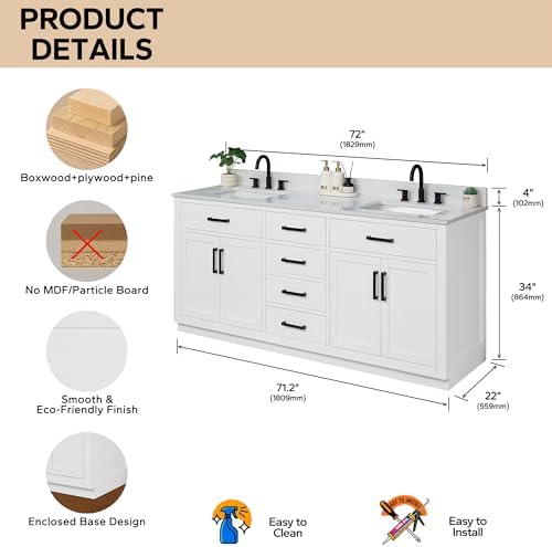 72-inch White Bathroom Vanity with 2 Sinks, Solid Wood, 0.79-inch Stone Countertop and Backsplash, 6 Drawers, 4 Soft Closing Doors