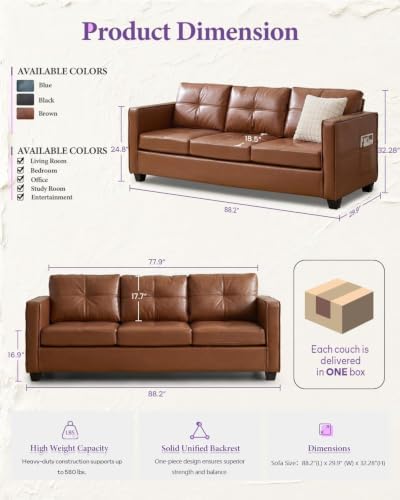 TYBOATLE 88'' Brown Faux Leather Couch with USB, 3-Seater Living Room Sofa