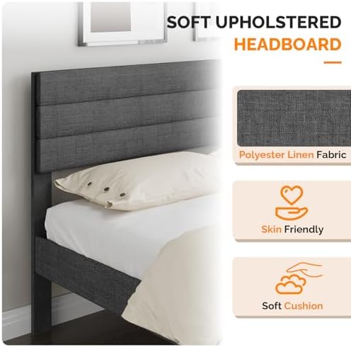 VINGLI Platform Bed Frame Queen Size with Linen Fabric Headboard,Modern Panel Low Profile Bed with Upholstered & Sturdy Slats Support for Bedroom, Mattress Foundation, Dark Gray