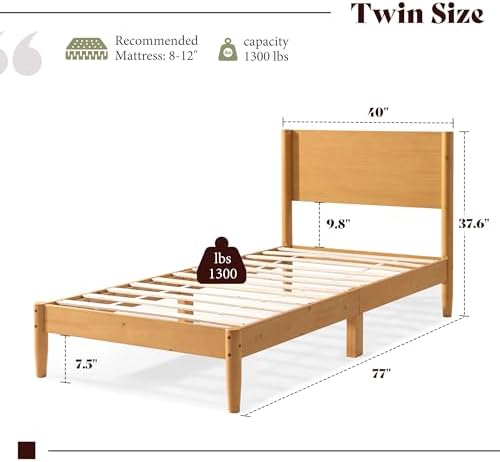 AMERLIFE Solid Wood Twin Bed Frame, Mid Century Bed with Headboard, Natural