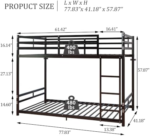 Bellemave Twin Over Twin Bunk Beds, Metal Floor Bunk Bed Frame with Ladder and Full-Length Guardrail for Kids, Adults, Black