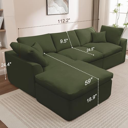 Korser 110" Cloud Boneless Couches for Living Room, Modern Modular Sectional Sofa with Ottoman, Sectional Cloud Couch with Comfy Deep Seats, Fluffy Chenille L-Shape Sofa Couch for Living Room, Green