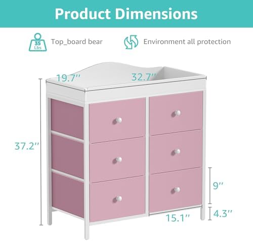 BOLUO Changing Table Dresser with 6 Fabric Drawers, Baby Dresser with Changing Table Top Diaper Changing Station with Storage for Nursery Modern Pink