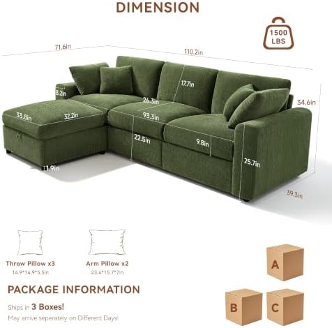 Ihanherry Cloud Sectional Couches for Living Room, 110" Large Modular Sectional Sofa with Wide Deep Seat, L Shaped Couch with Throw Pillow and Storage Ottoman, Green