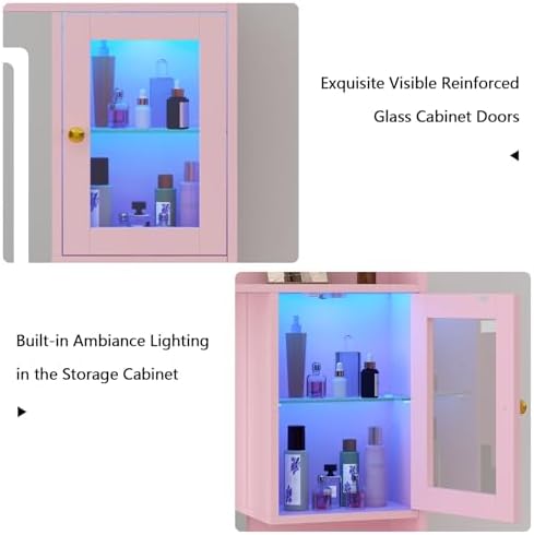 CSZZD Pink Makeup Vanity Desk with Lighted Mirror & RGB Storage Cabinets | 3 Colors Vanity Table Set with Power Outlet & 6 Drawers, Large Dressing Table with Open Storage Shelves for Bedroom