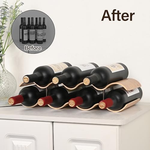 Countertop Wine Rack - 7 Bottle Freestanding Wine Bottle Holder Stand - 2 Tier Wooden Wine Storage Rack - Wavy Wine Organizer for Cabinet Pantry Home Kitchen Bar