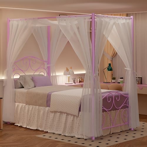 VECELO Metal Canopy Bed Frame Twin Size, 4 Posters Platform Mattress Foundation with Headboard, Heavy Duty Steel Slats Support, No Box Spring Needed, Purple