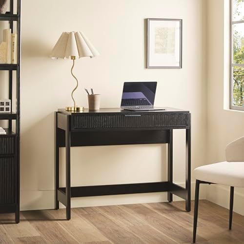 Walker Edison Transitional Office Design, Reeded Drawer Front Detail, Writing Desk with Drawer, Spacious Desktop, Complementary in Living Spaces, 38 Inch, Black