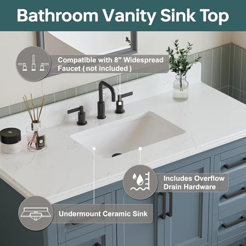 48" Bathroom Vanity with Sink, Fully Assembled, Steel Blue | Solid Wood Bathroom Vanities Set with Quartz Countertop, 2 Soft Close Doors & 7 Full Extension Dovetail Drawers
