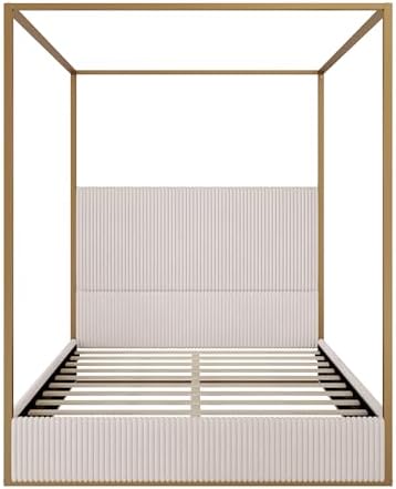 Merax Luxury Queen Metal Canopy Bed with Tall Upholstered Headboard, Beige