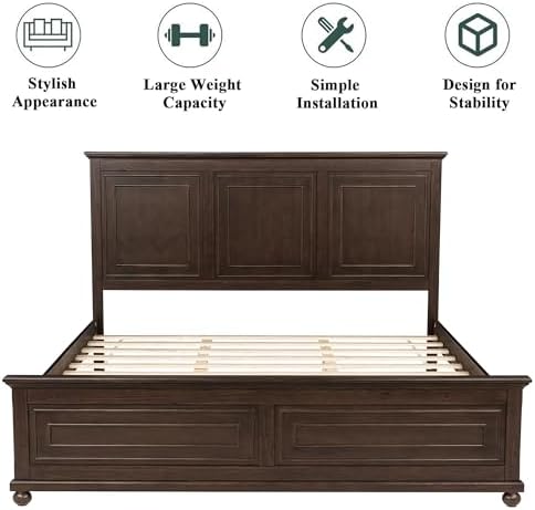 Mirightone King Size Platform Bed with Tall Headboard & Footboard, Pinewood King Bed Frame with Wood Panel Bed Base, No Squeak, No Box Spring Needed, Traditional Style, Brown