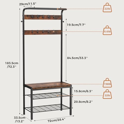 Hall Tree with Bench and Shoe Storage, 4-in-1 Entryway Organizer with 10 Hooks and Storage Shelf,Coat Rack Freestanding with 2-Tier Storage Shelf for Living Room, Bedroom Rustic