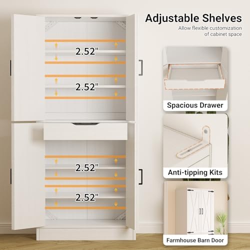 Unikito 71" Tall Pantry Cabinet with Adjustable Shelves and 2 Drawers | Large Wooden Farmhouse Storage Cupboard, Barn Door, Sturdy and Deep, Versatile for Dining Room, Living Room, Utility Room