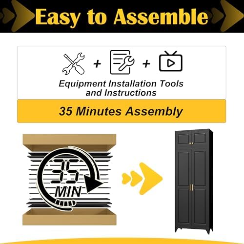 SteeLoong 90”Metal Pantry Storage Cabinet with Doors & 4 Adjustable Shelves | Kitchen Pantry Cabinet,Black Kitchen Cabinet with 4 Gold Handles,Tall Cabinet for Livingroom,Pantry, Bathroom,Kitchen,Garage