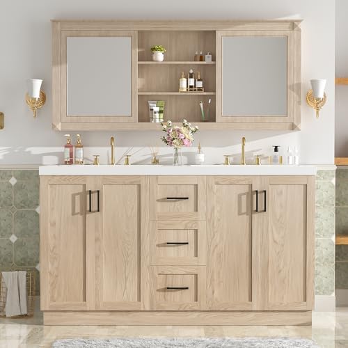 LUMISOL 60 Inch Bathroom Vanity with Double Sink, Wooden Freestanding Bathroom Cabinet with 3 Drawers & 4 Soft-Close Doors, Large Double Sink Vanity with SMC Sinks, Wood