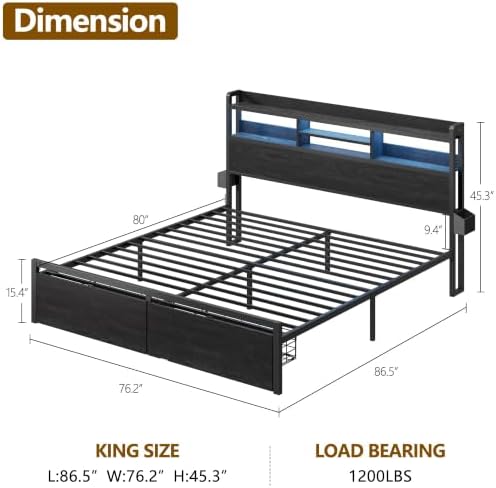 Furnulem King Size Bed Frame with 2 Drawers and Storage Headboard Black