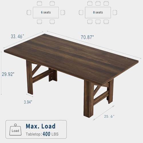 Garvee Wood Farmhouse Dining Table for 6-8, Heavy Duty Large Kitchen Table, 70.87" Long Rectangular Dining Room Tables with Strong Legs, Thickness Tabletop, for Big Family, Dinette, Rustic Black