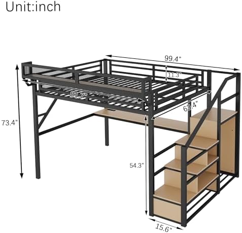 KEIKI Queen Size Metal Loft Bed Frame with Desk, Staircase, Built-in Storage Shelves and Wardrobe, Modern Loft Bed with Solid Slat, Guardrail, No Box Spring Required, Easy Assembly, for Bedroom, Black