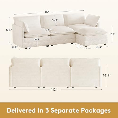 ROWHY 112'' Modular Sectional Cloud Couch with Movable Ottoman, 4 Seat Modern Corduroy Sofa, Deep Seat L Shaped Couch for Living Room Bedroom Apartment, Cream