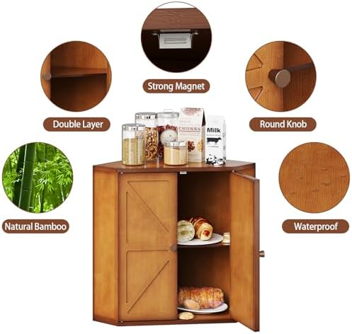 Trironsun Corner Bread Box for Kitchen Counter Double Layer Bamboo Bread Storage Container Large Capacity Bread Storage Bin Farmhouse Breadbox Organizer (Antique Brown)