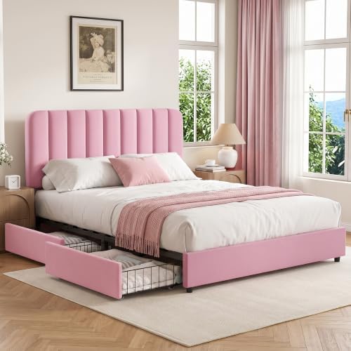 VECELO Queen Size Upholstered Bed Frame with 4 Drawers and Headboard, Velvet Platform Storage Bedframe, Wooden Slats Support, No Box Spring Needed,Pink