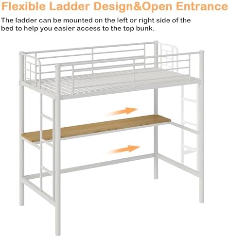 VECELO Loft Bed Twin Size with Desk, Metal Bedframe with Removable Ladder and Safety Guardrail, No Box Spring Needed, Space Saving, Noise Free, Pure White