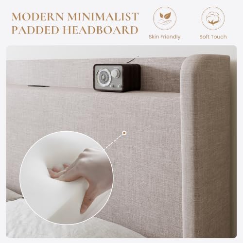 SHA CERLIN King Size Storage Bed Frame with 4 Oversized Drawers, Modern Wingback Headboard with Storage Shelf & Charging Station, No Box Spring Needed, Easy Assembly, Beige