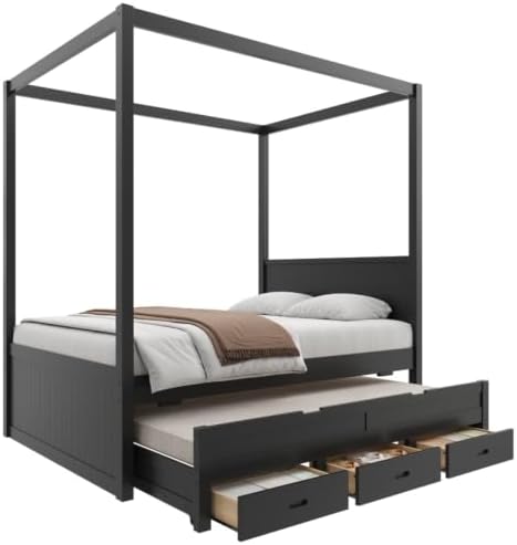 SANOFI Full Size Wood Canopy Bed with Twin Size Trundle, Black