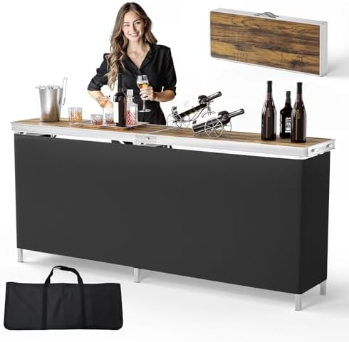 VINGLI 78" Portable Bar Table, 2-Tier Shelves, Mobile Bar Table for Events, Party, Camping, Picnic, Tradeshow, Indoor with Black Skirt