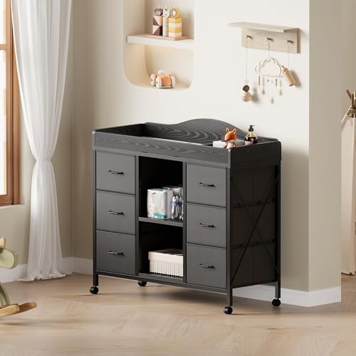YeTom Changing Table, 6-Drawer Dresser, Adjustable Shelves, Mobile, Black