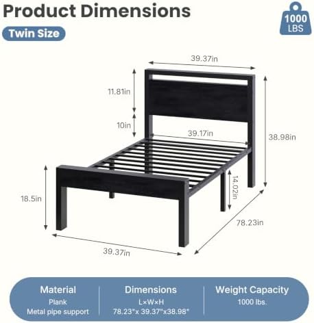 Sweetcrispy 14 Inch Twin Bed Frame with Wood Headboard, Black