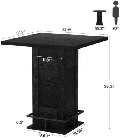 Tribesigns 39.4" H Square Bar Table, Industrial High Top Bistro Pub Cocktail Table with Metal Footrest for Kitchen Nook, Home Bar, Small Bars, Black(Table Only)
