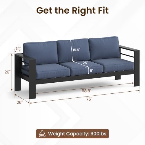 Kiss the Water Aluminum Patio Sofa, 3 Seats Dark Blue Outdoor Couch