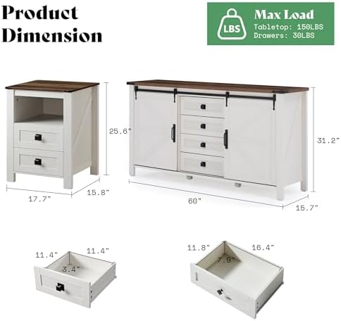 AMERLIFE 5-Piece White Bedroom Set with Dresser, 2 Nightstands, 2 Cabinets