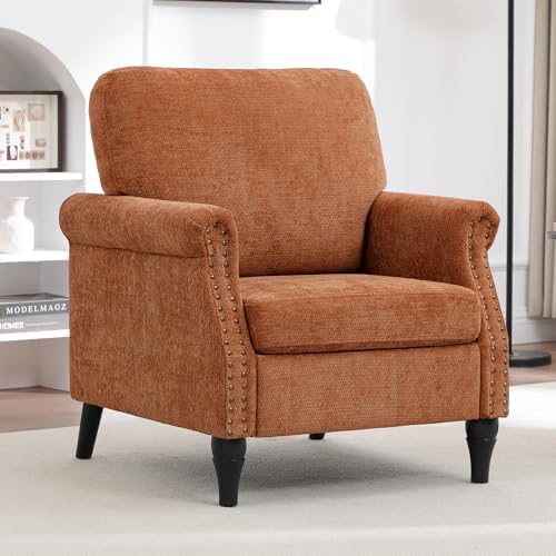 Accent Chair for Living Room, Modern Mid Century Reading Chair Armchair High Back Upholstered Armchair with Wooden Legs for Living Room Bedroom Office (Orange, 1pcs)