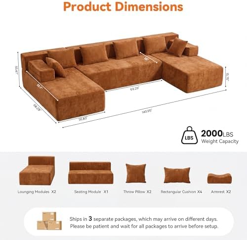MONVANE 141" U-Shaped Modular Sectional Sofa, Orange