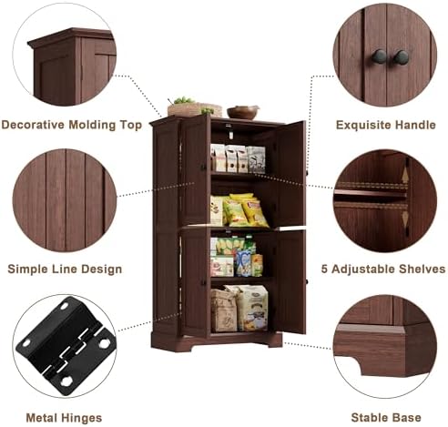 ChooChoo Bathroom Floor Cabinet with Adjustable Shelves | Bathroom Storage Cabinet, 4 Doors, Freestanding Cupboard for Living Room, Kitchen Pantry, Walnut