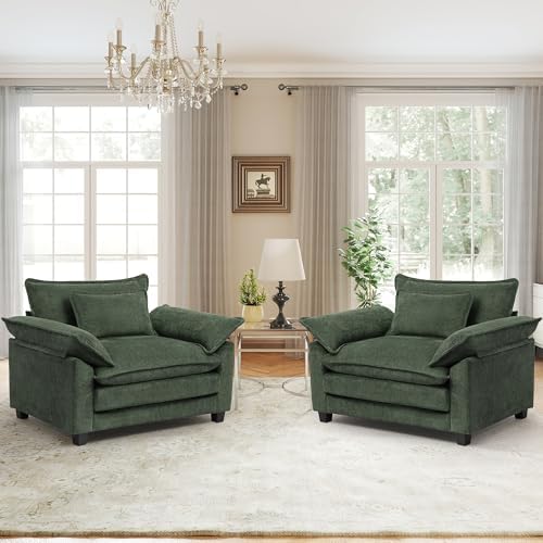 Modern Oversized Accent Chairs Set of 2,Chenille Cloud Sofa Chair with Deep Seat,Upholstered Armchair with Extra Thick,Comfy accent chairs Reading Chairs for Living Room Bedroom Apartment GREEN