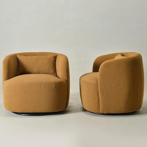 KINWELL 34" W Boucle Swivel Barrel Chairs with Pillow Set of 2, Brown