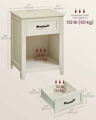 VASAGLE Farmhouse Nightstand with Charging Station, Drawer, Set of 2
