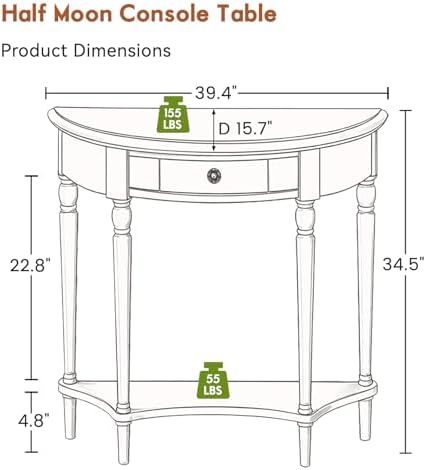 Half Moon Console Table Solid Wood Vintage Entryway Table with Storage Drawer Small Hallway Table for Entryway Half Round Foyer Tables Walnut Entry Way Tables For Entrance(Black, W-39.4")