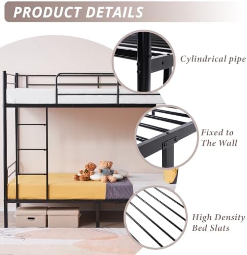 Karl home Metal Bunk Bed Twin Over Twin with Built-in Ladder, Black