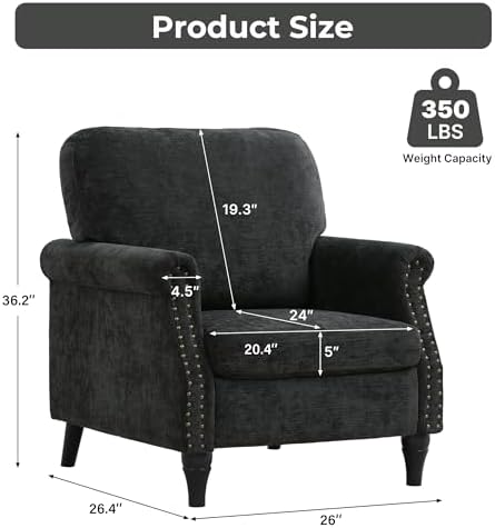 Accent Chair for Living Room, Modern Mid Century Reading Chair Armchair High Back Upholstered Armchair with Wooden Legs for Living Room Bedroom Office (Black, 1pcs)