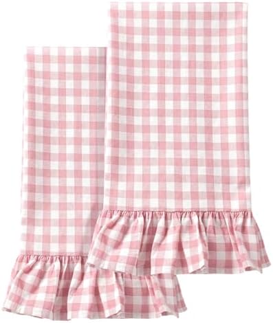 HunnmingRe 2 Pcs Light Pink Gingham Kitchen Towels Cotton Ruffled